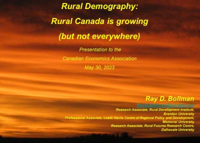 Slideshow title page with sunset in the background and title "Rural Demography: Rural Canada is growing (but not everywhere) by Ray D. Bollman