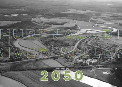 Black and white aerial photo of the Shubenacadie River Valley, with title "Shubenacadie River Valley 2050"